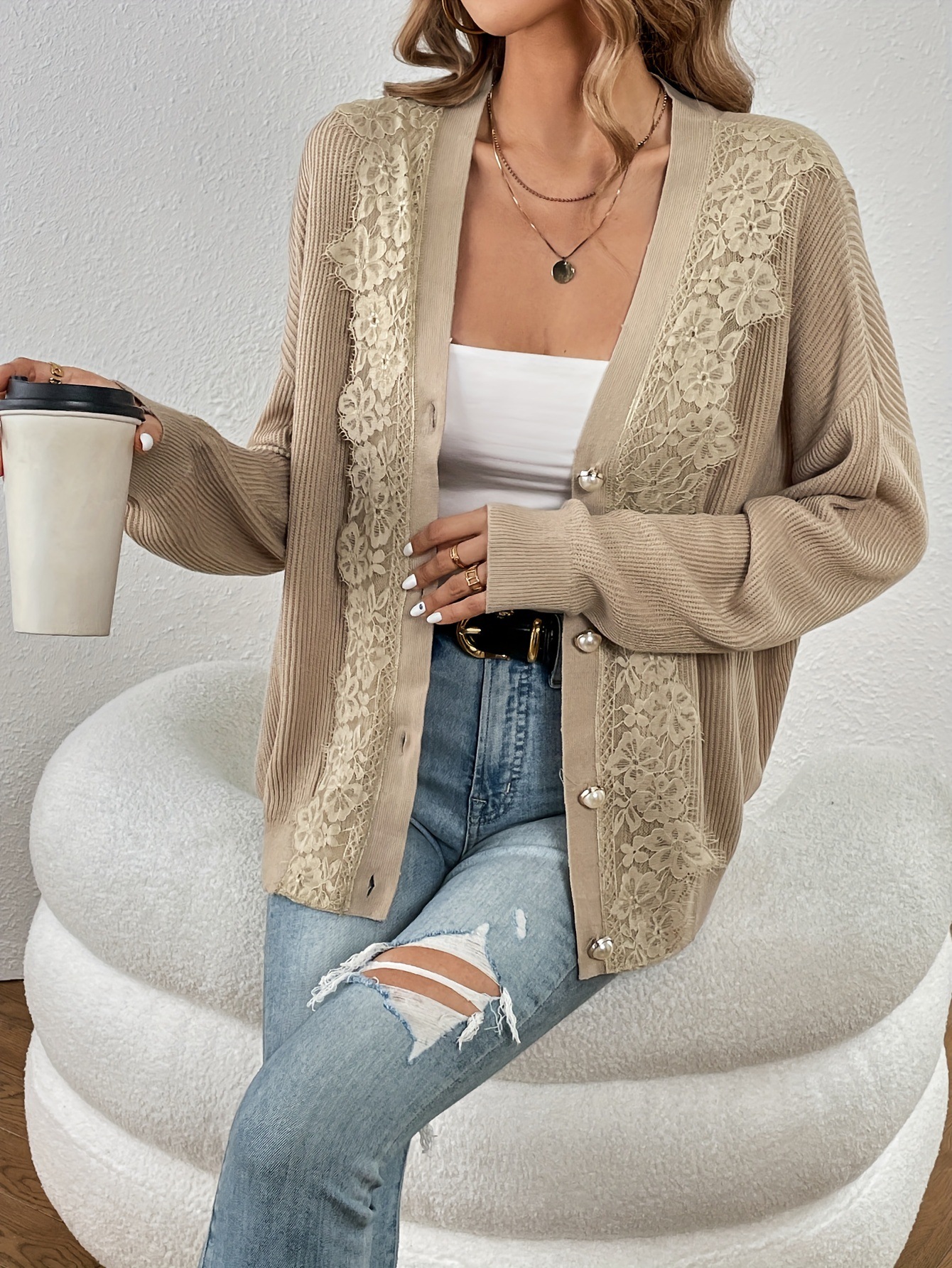 ​​Sexy Knit Cardigan Set – Chic Open-Front Acrylic Sweater With Lace Trim (Khaki, S/M/L)​​_voghion.com