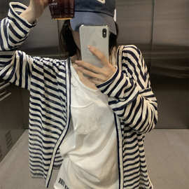 原版色织条面料  韩系复古条纹微透开衫长袖外套宽松防晒罩衫上衣