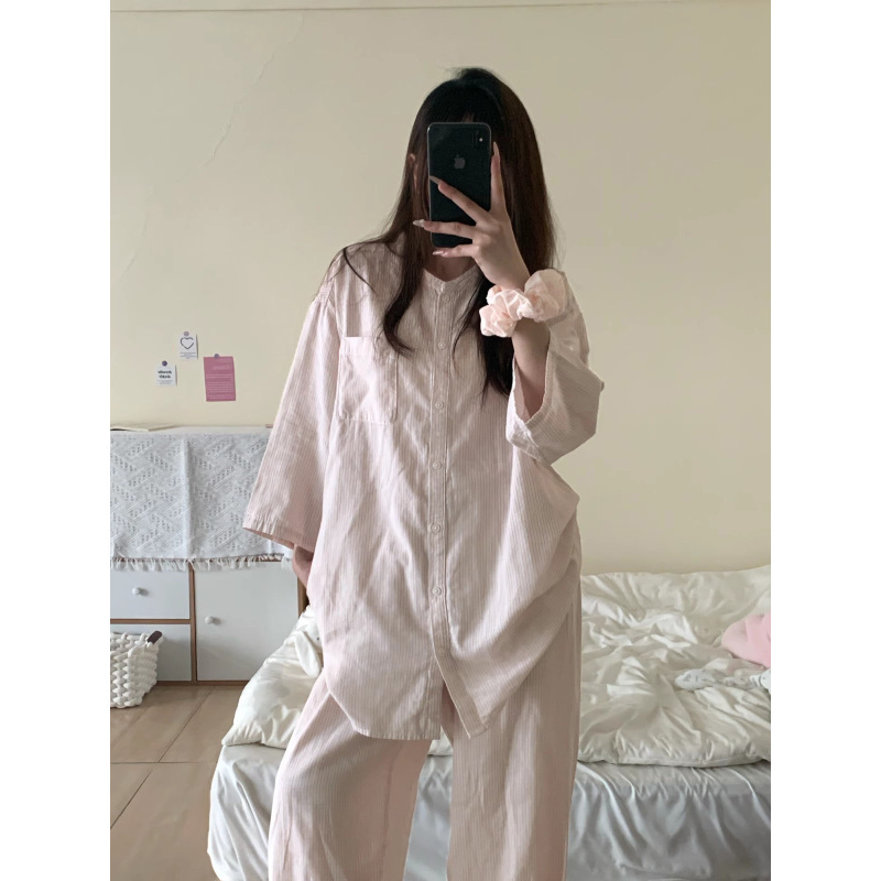 跨境专供外贸韩版条纹睡衣女春秋长袖套装高级感开衫家居服可外穿|undefined