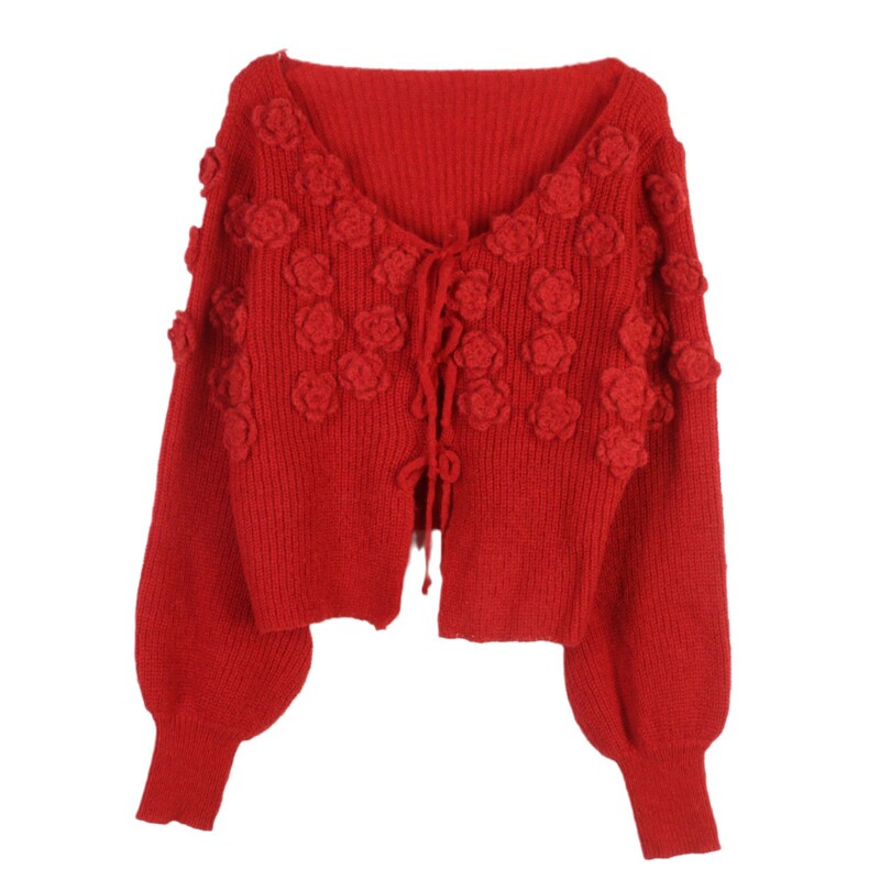 French Style Lazy Gentle Style Handmade Crochet Sweater Women's Autumn and Winter New Style Chic Short V-Neck Sweater Top