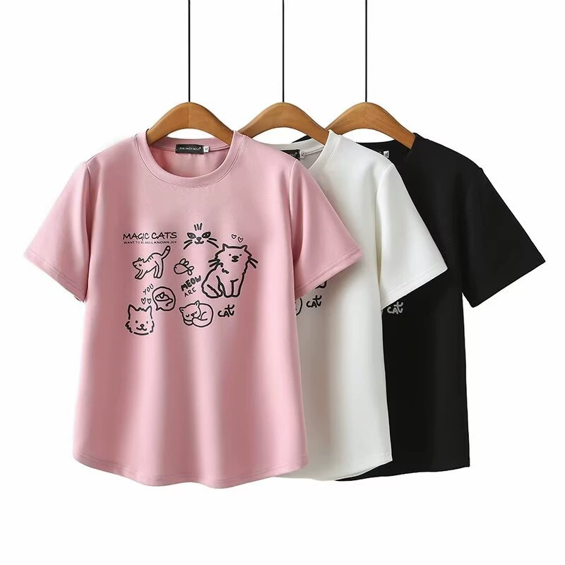 Женская летняя новая футболка с короткими рукавами и мультяшным принтом больших размеров, свободная рубашка с круглым вырезом для похудения, 2513