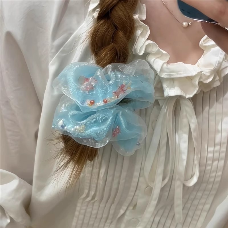 Pez dorado azul de satén de varias capas hecho a mano, anillo para el cabello de intestino grueso, verano femenino, nueva cuerda para la cabeza grande, accesorios para el cabello
