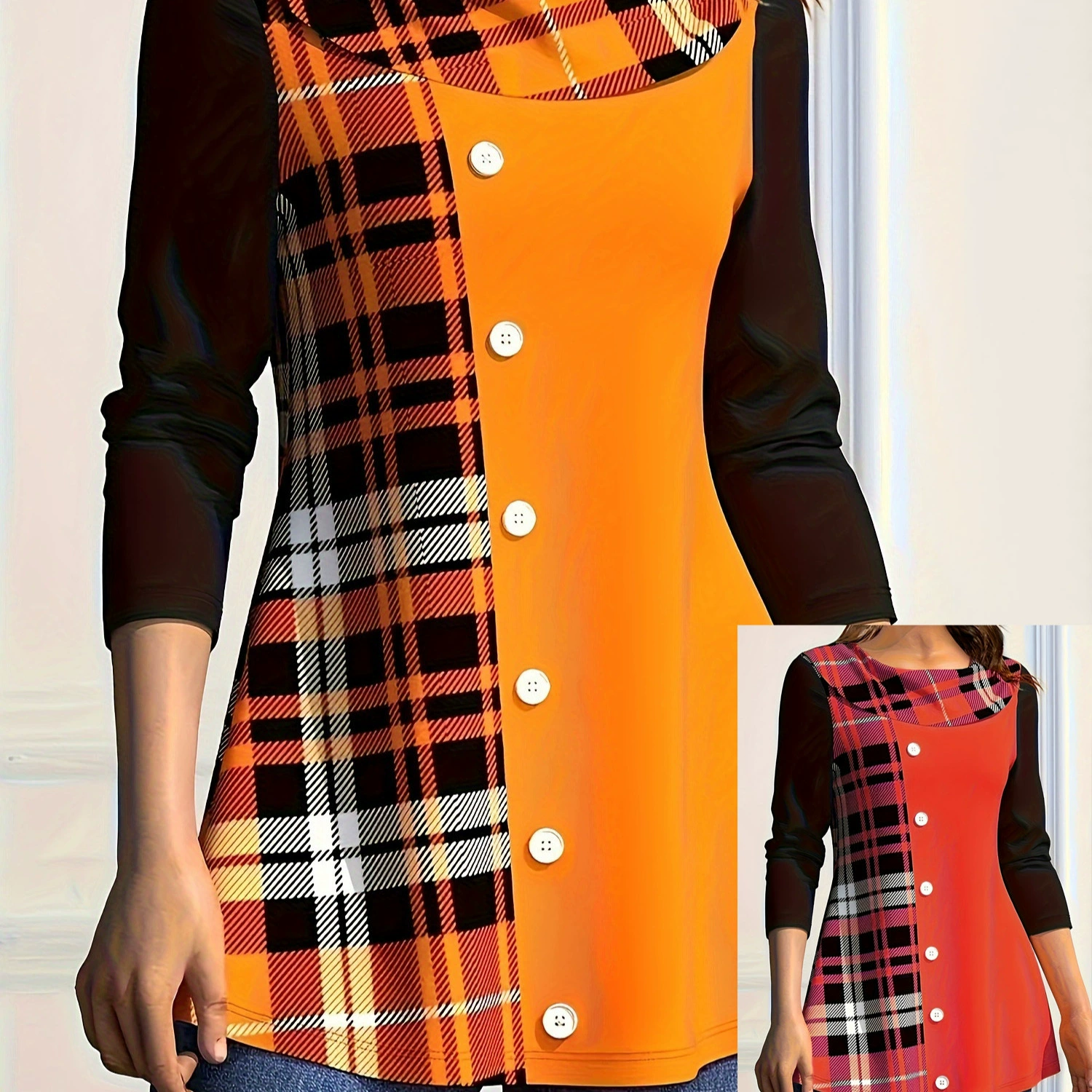 Осень-зима 2023, европейская и американская независимая станция Amazon TEMU, трансграничная новая женская футболка больших размеров с длинными рукавами и пуговицами с лацканами