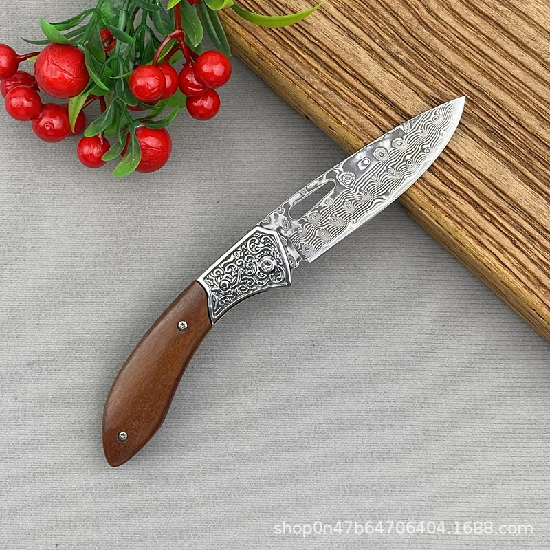 Нож складной из дамасской стали, в основном используется как маленький нож для фруктов, держать мясо, срезать кожи