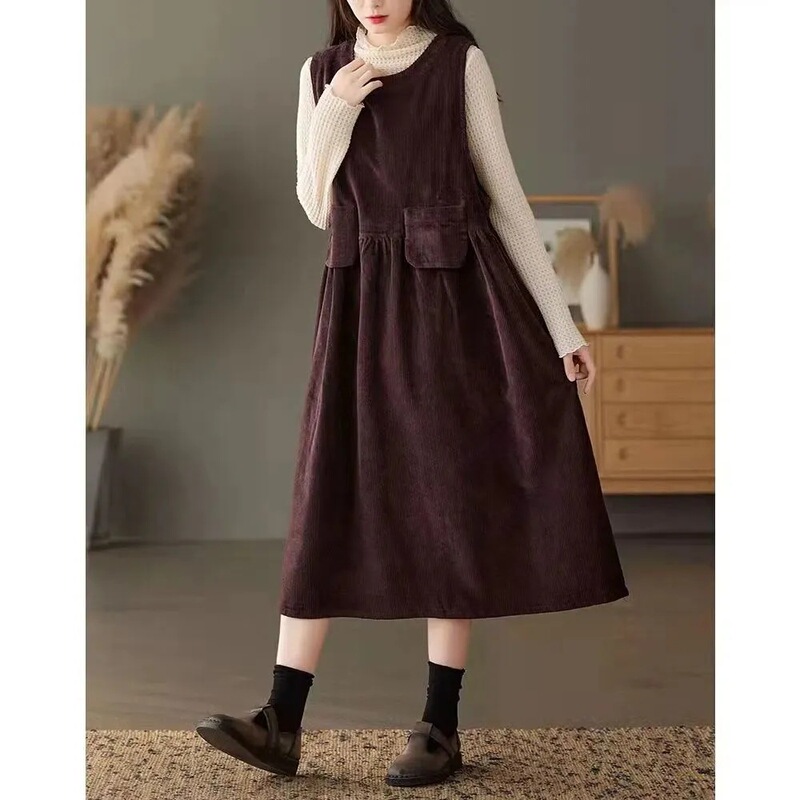 8916 Corduroy Suspender Dress for Women 2024 Spring & Fall New Style Retro Niche Mid-Length Vest Dress