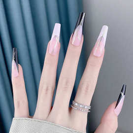 欧美外贸穿戴美甲长芭蕾法式线条闪粉美甲图片现货批发假指甲贴片