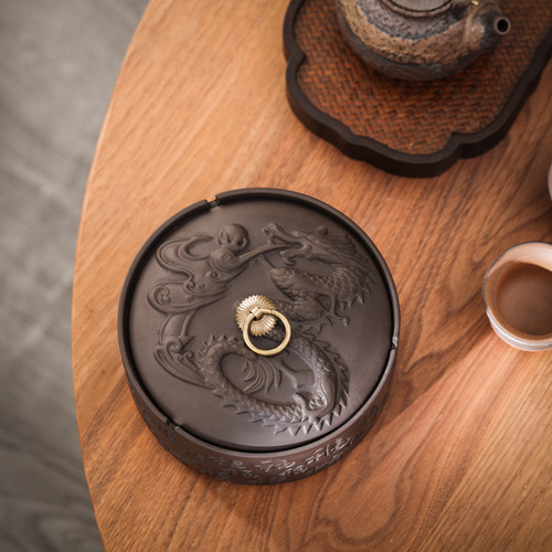 New Style Zisha Ceramic Cigarette Ashtray with Lid, Windproof Ashtray, Business Gift, Hotel Bar Smoking Accessories, Decorative Item