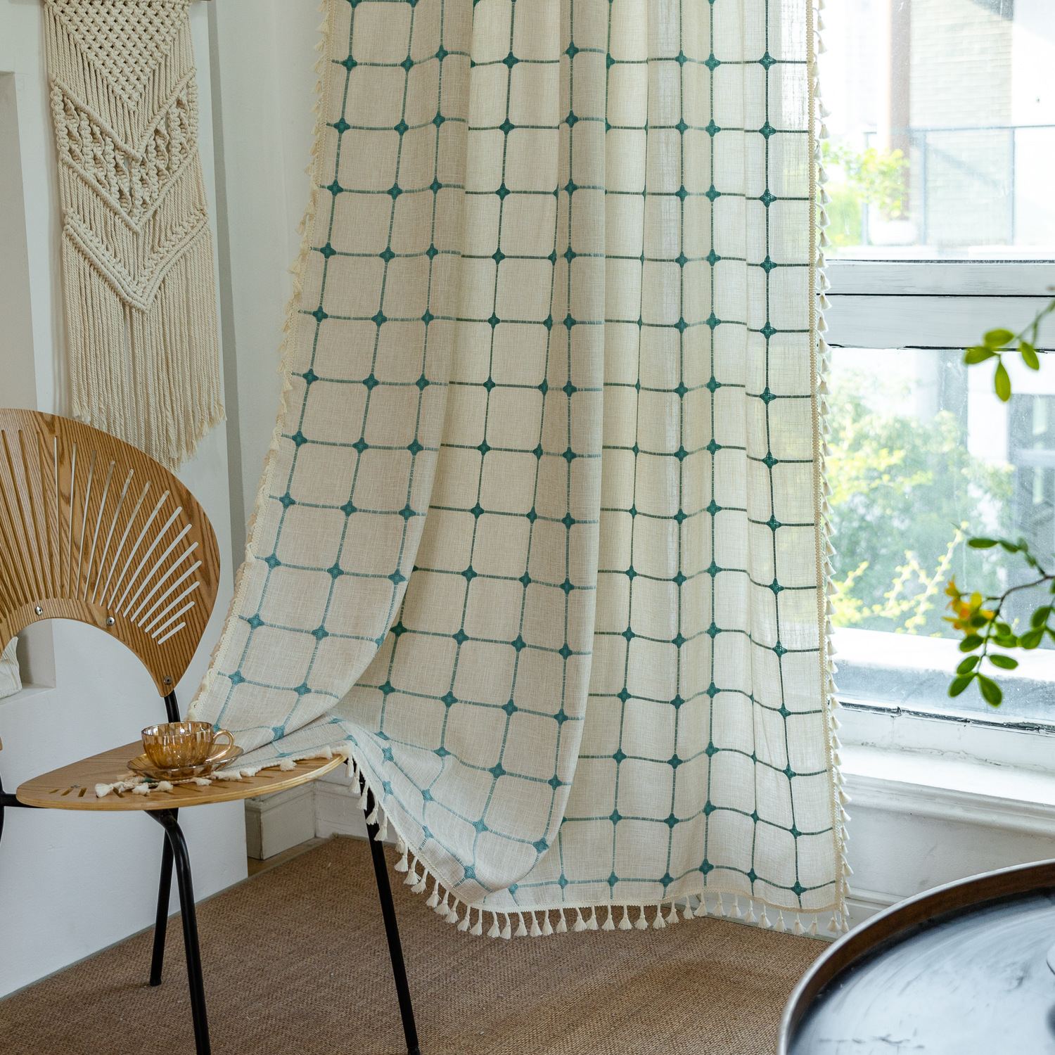 펀치-베이지 블루 라인 #4. 수 놓은 중간 격자 무늬