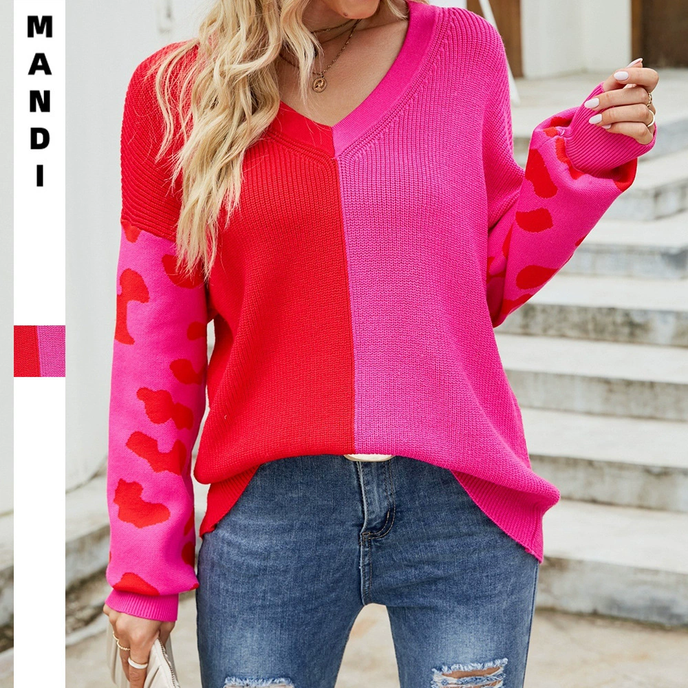 Трансграничная Европейская и американская женская одежда 2023 осень и зима Новый Модный пуловер-свитер с V-образным вырезом и контрастным леопардовым принтом Amazon для внешней торговли