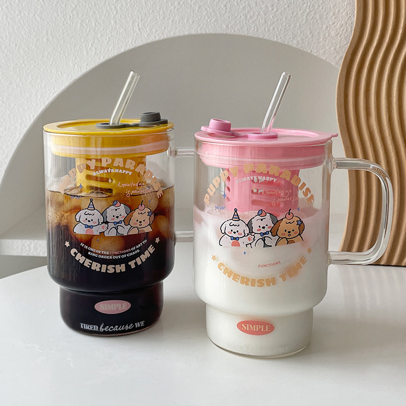 New Heat-Resistant Glass Cup for Students with Tea Straw, Cute Girl Milk Cup, Cartoon Juice Cup