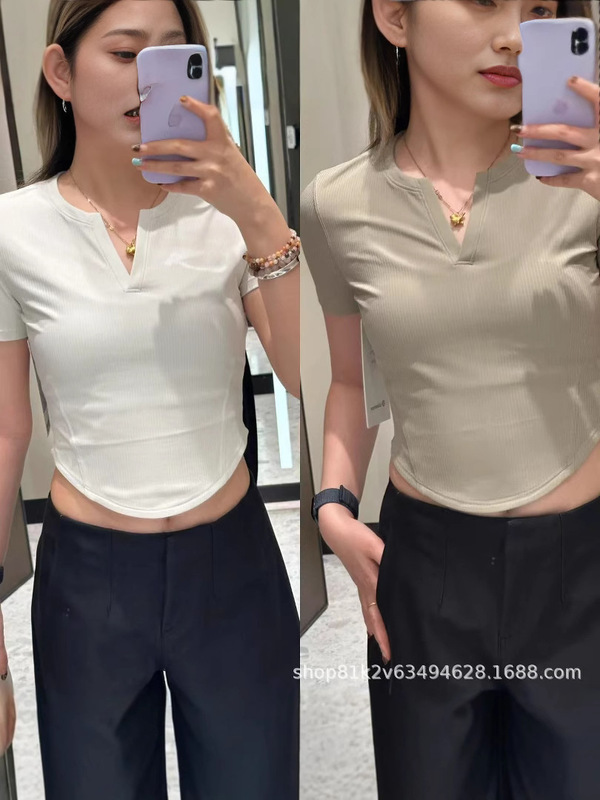 ルル レディース リブ Vネック 半袖 Tシャツ ヘンリーシャツ 万能 スポーツ スリム トップス リブ Nulu|undefined