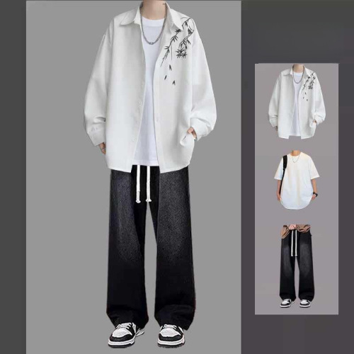 New Chinese-style shirt jacket for men, featuring a relaxed-fit design—perfect for pairing with denim jeans. A cool and stylish set that includes a trendy long-sleeve shirt from a popular brand.