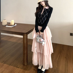 适美2025秋季时尚套装撞色格子长袖针织衫女高腰半身裙长裙两件套