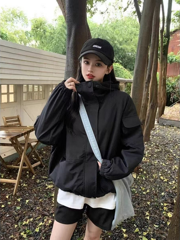 美式复古连帽冲锋衣外套女春秋季设计感休闲宽松工装夹克开衫上衣|undefined
