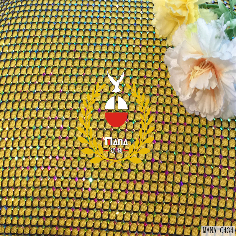 玛纳 弹力网布烫钻面料 澳钻方块彩钻 高档礼服 连衣裙  时装布料