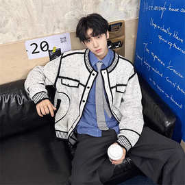 秋冬法式小香风针织开衫外套男款复古撞色慵懒高级感小众圆领上衣