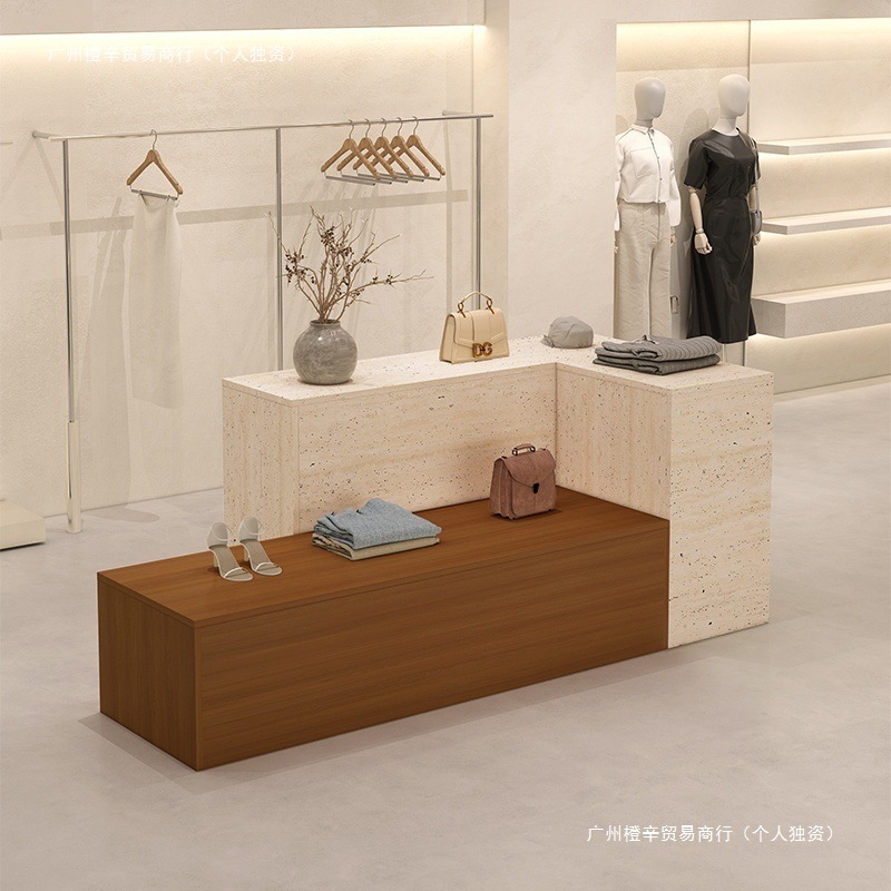 服装店中岛台洞石纹展示桌鞋包女装店陈列柜中间摆放桌子流水台柜