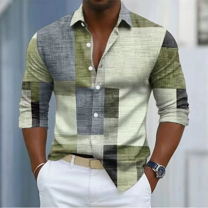 Textured plaid long-sleeve shirt for men, geometric pattern, patchwork, turn-down collar, slim fit, business casual, wrinkle-resistant shirt