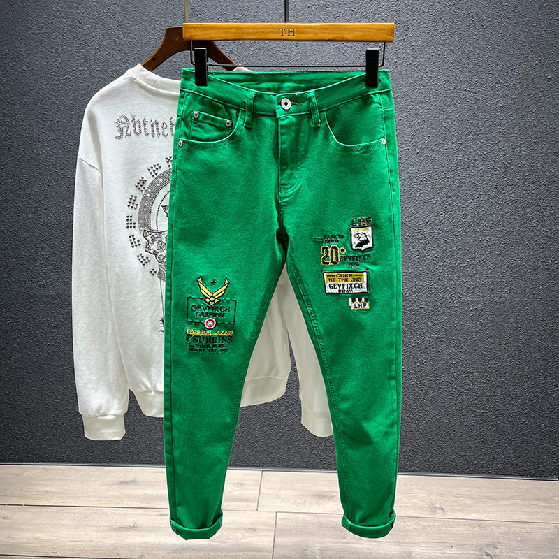 Spring Foreign Trade Tide brand green embroidery slim fit jeans men's cotton bullet jeans youth trousers wholesale