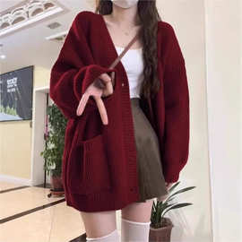 中长款小香风圣诞毛衣女秋冬季新款本命年慵懒风红色针织开衫外套