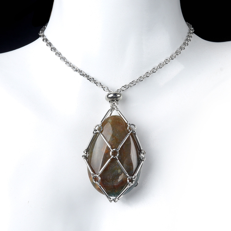 1720-Acero inoxidable cadena hecha a mano de malla tejida bolsa collar de cristal ágata piedra gota de agua colgante reemplazable piedra original