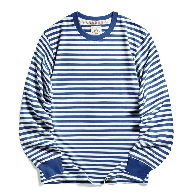Vintage National Fashion Long-sleeved Sea Soul Shirt Old-fashioned Men's T-shirt Sailor's Coat Nostalgic Pure Cotton Base Shirt Blue and White Striped Top