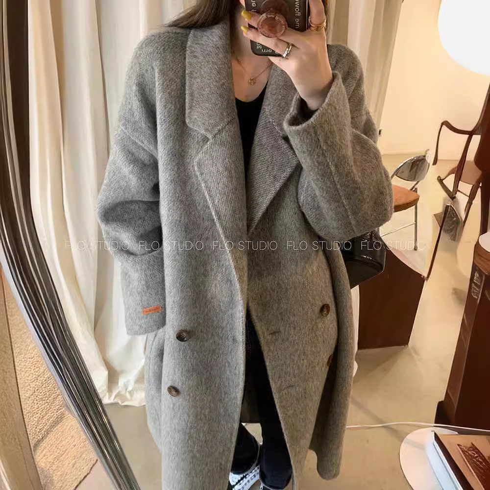 2025秋冬新款羊驼绒双面羊绒大衣中长款灰色韩版宽松毛呢子外套女