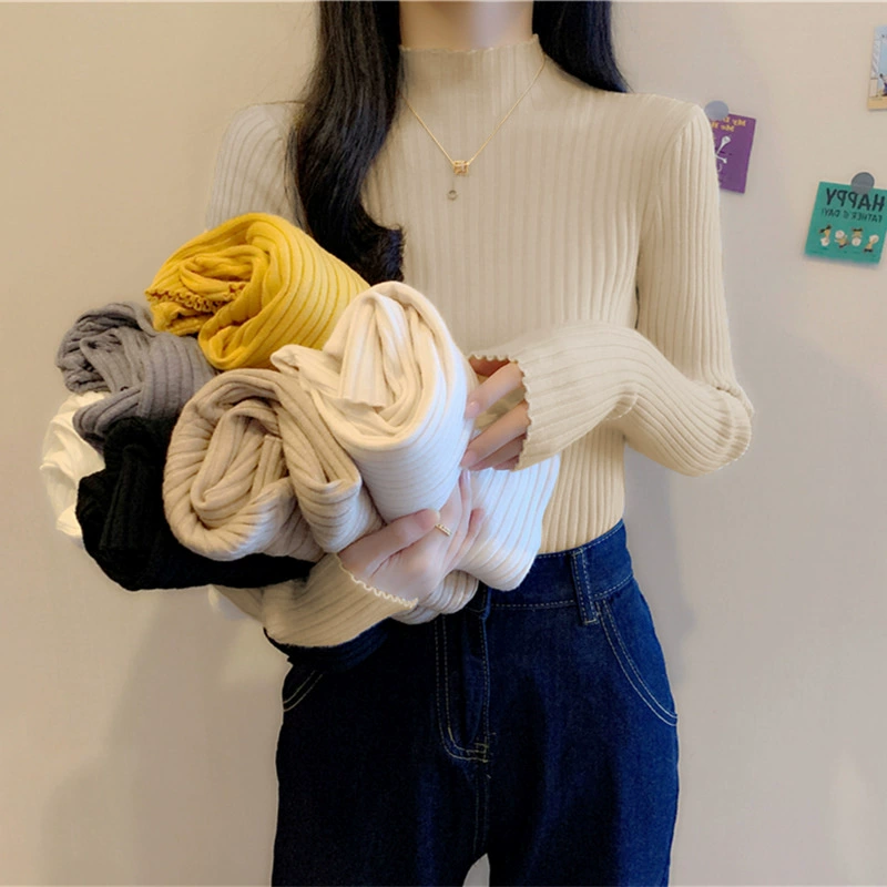 2023 Весенне-осенняя Базовая рубашка с воротником до локтя Узкий топ с длинными рукавами Стилист Осенне-зимний женский свитер Вязаная рубашка