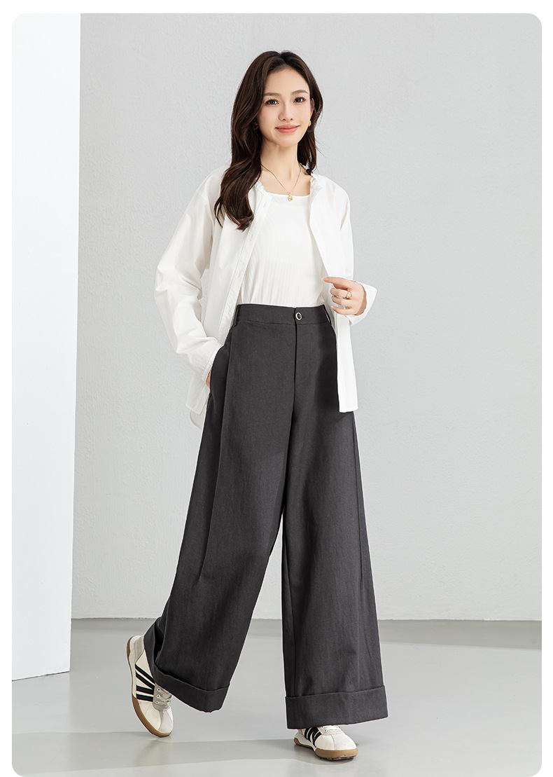 Quần culottes nữ ống rộng cạp cao chất liệu Tencel cotton, dáng suông rủ nhẹ — Xám gạo chi tiết 22