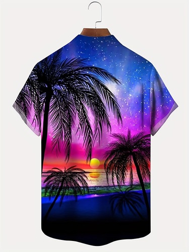 Men's Coconut Tree Sunset Landscape Hawaiian Button Up Cross-border