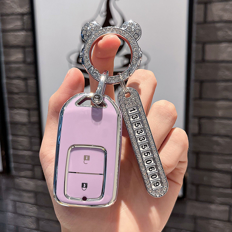 BT 키 유형 A - 스마트 2버튼 [싱글 쉘 퍼플] + 실버 우주 비행사 다이아몬드 버클 + 실버 번호판