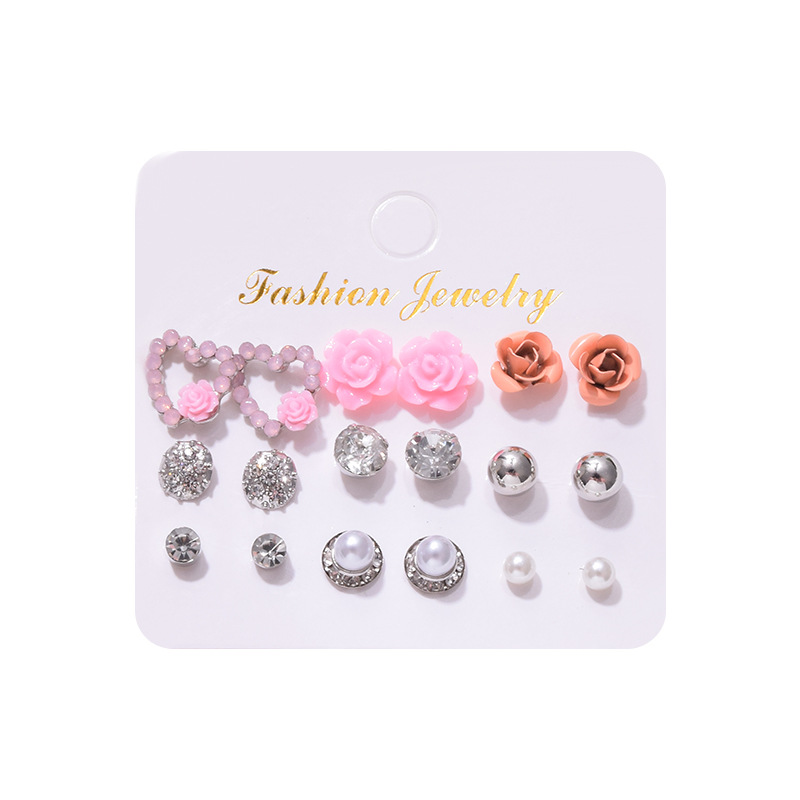 Fashion Love Flower Personalized Pearl Rhinestone 9 Pairs Of Earrings Set display picture 4