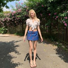 新款希腊风情蓝色碎花分体裙式泳衣女夏季比基尼保守小个子a字裙