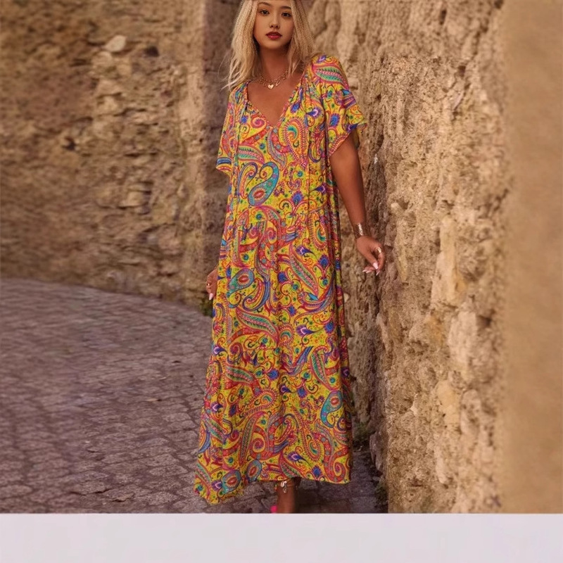 2025 Spring and Summer Cross-border New European and American Women's V-neck Vacation Loose Printed Long Dress Fashion Vintage dress