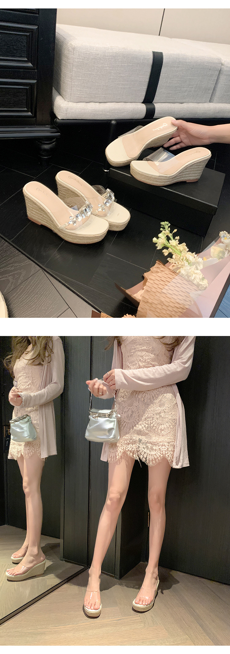 Sandal cao gót nữ đính đá quai ngang mũi hở đế xuồng cao gót 9 cm — Mặt đính đá trắng kem, Mặt trơn trắng kem chi tiết 16