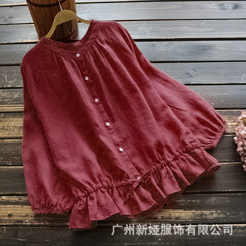 autumn solid color shirt with a round collar