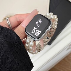 Apple iwatch 時計ストラップ、小さな香りの二列パールとダイヤモンドの伸縮チェーン、夏の女性の多用途ブレスレットに適しています。