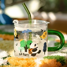 熊猫玻璃水杯女卡通高颜值带把带吸管喝水杯家用牛奶杯