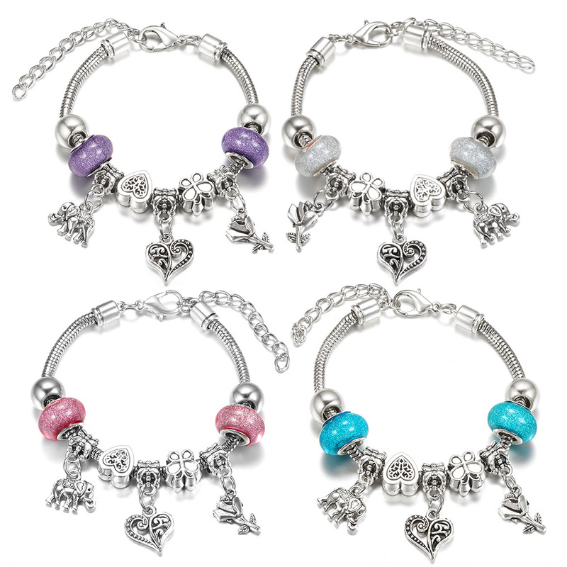 Charm heart pendant 5 color beaded bangle lobster clasp adjustable snake chain elephant rose rhinestone bracelet jewelry
