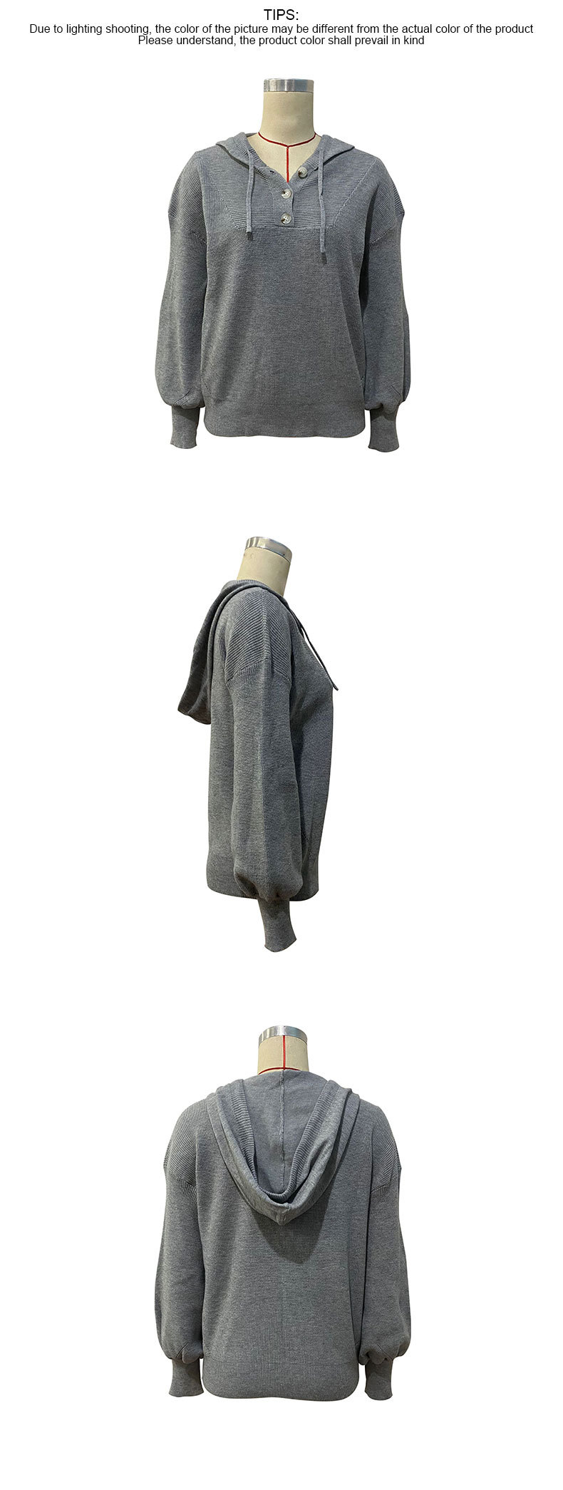 Einfarbiger, langärmeliger Kapuzenpullover mit Knöpfen_voghion.com