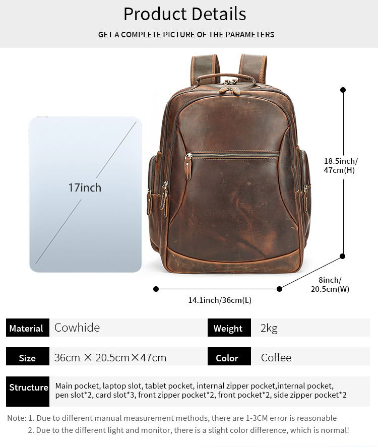 Ba lô da ngựa điên dung tích lớn, da bò lớp đầu, đa chức năng, đựng laptop 17 inch — Màu cà phê, Cà phê đậm chi tiết 11