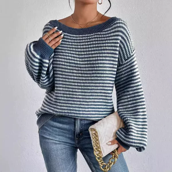 Cross-Border Amazon Off-Shoulder Knit Sweater Versatile Loose Color-Block Striped Lantern Sleeve Lazy Style Sweater for Women European and American