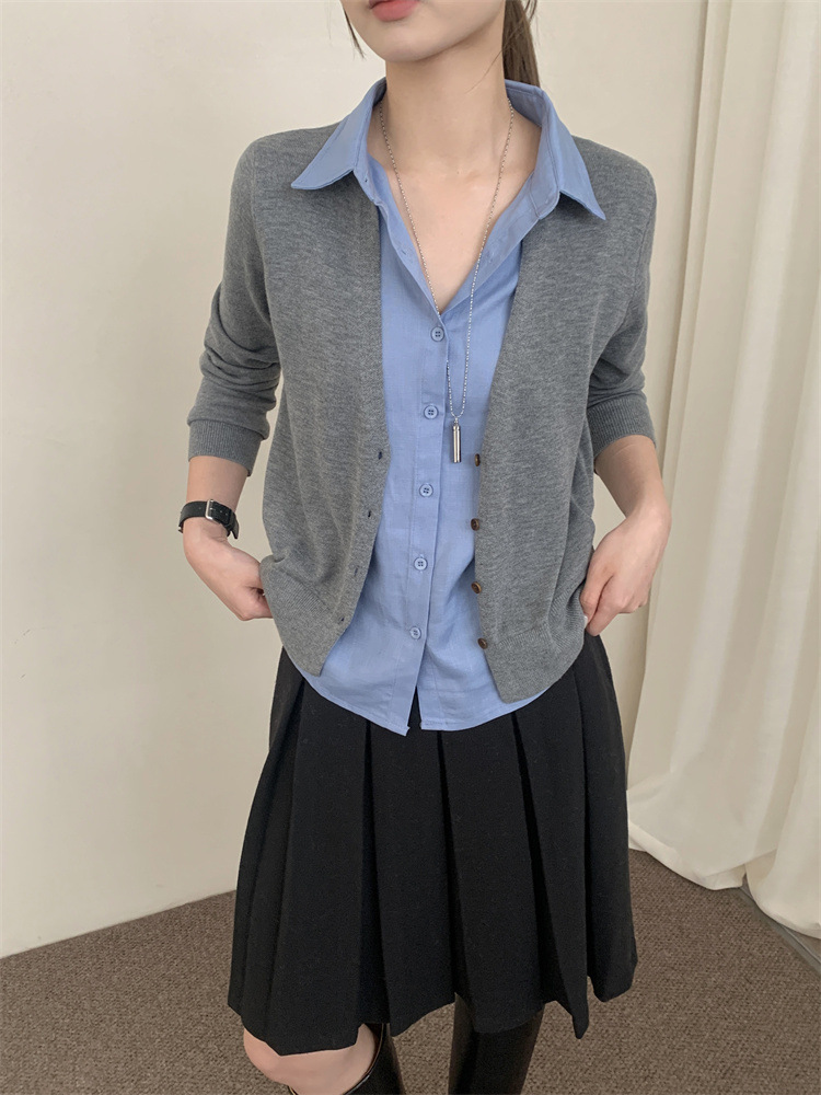 高智老钱风开襟排扣假两件针织开衫女气质韩版显瘦通勤百搭上衣