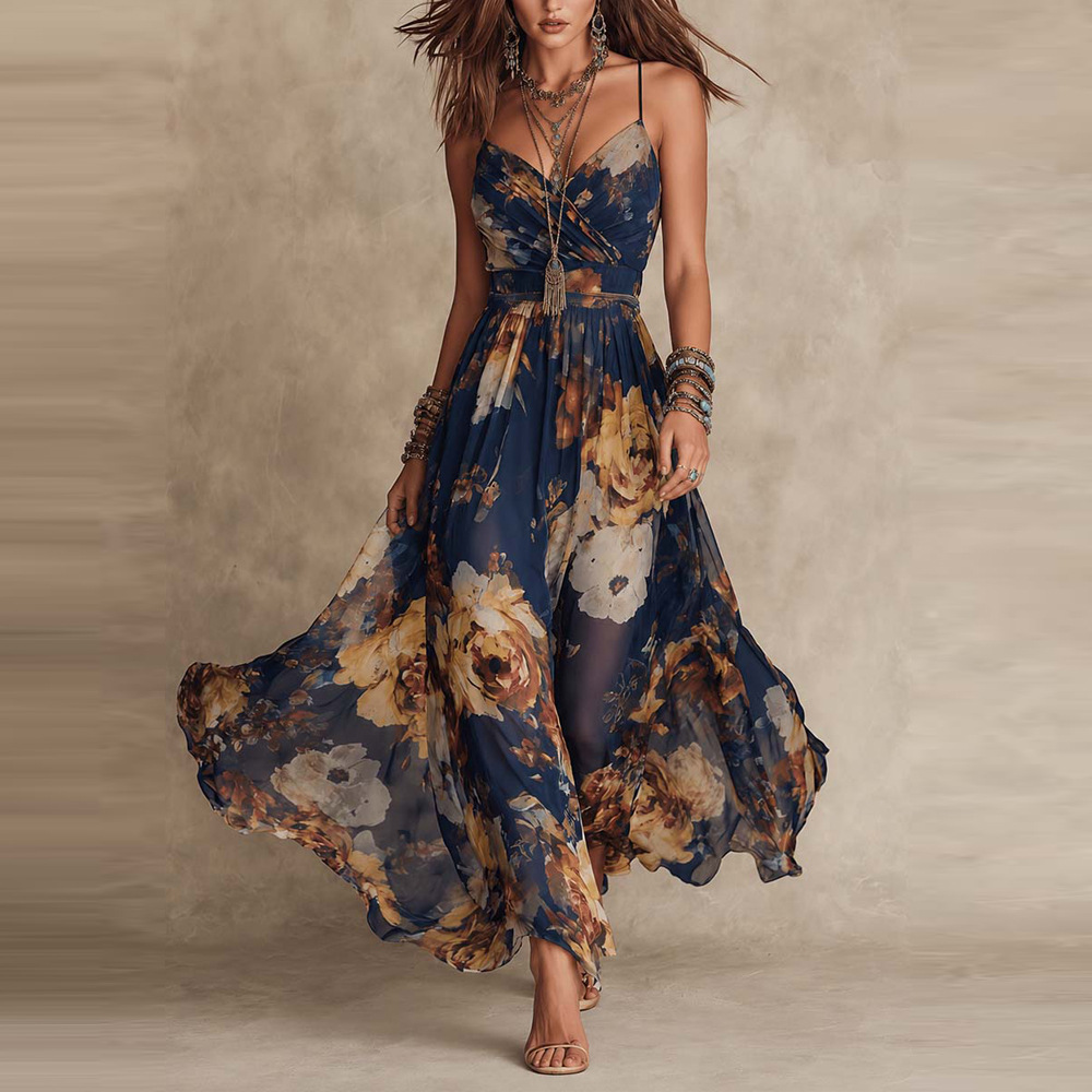 Amazon Independent Site 2026 Spring/Summer Cross-Border European and American Women's Fashion Printed Ruched Sexy Spaghetti Strap Long Dress