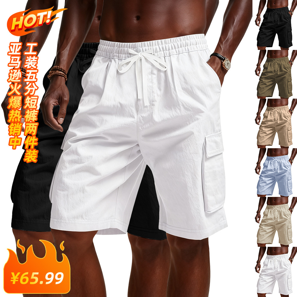 Cross-Border American Summer Multi-Pocket Cargo Pants Men's Outdoor Sports Casual Loose Solid Color Cargo Shorts