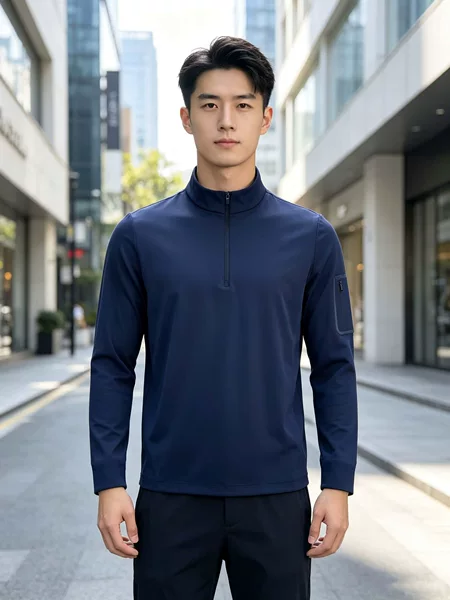 Men's long-sleeved quick-drying shirt with a stand-up collar and zipper, suitable for outdoor, business, casual, and sports activities, featuring a small tree design