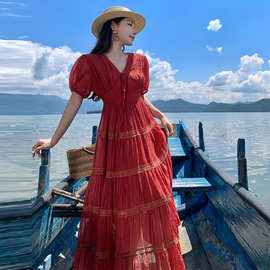 实拍短袖领复古收腰旅拍酒红色多层蛋糕裙摆连衣裙长裙