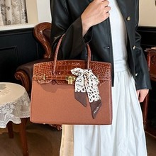 2025外贸高级时尚手提包欧美豹纹拼色鳄鱼纹双隔层铂金包Birkin