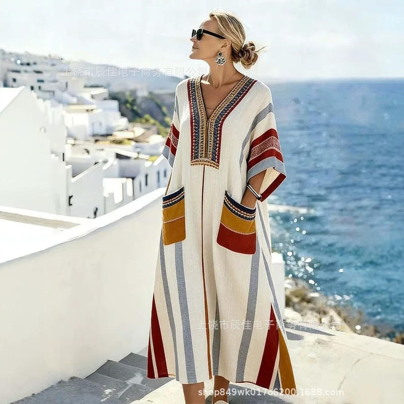 Cross-Border Amazon European and American Cross-Border 3D Digital Print V-Neck Half-Sleeve Long Dress with Patch Pockets Cross-Border Amazon European and American Cross-Border 3D Digital Print V-Neck Half-Sleeve Long Dress with Patch Pockets