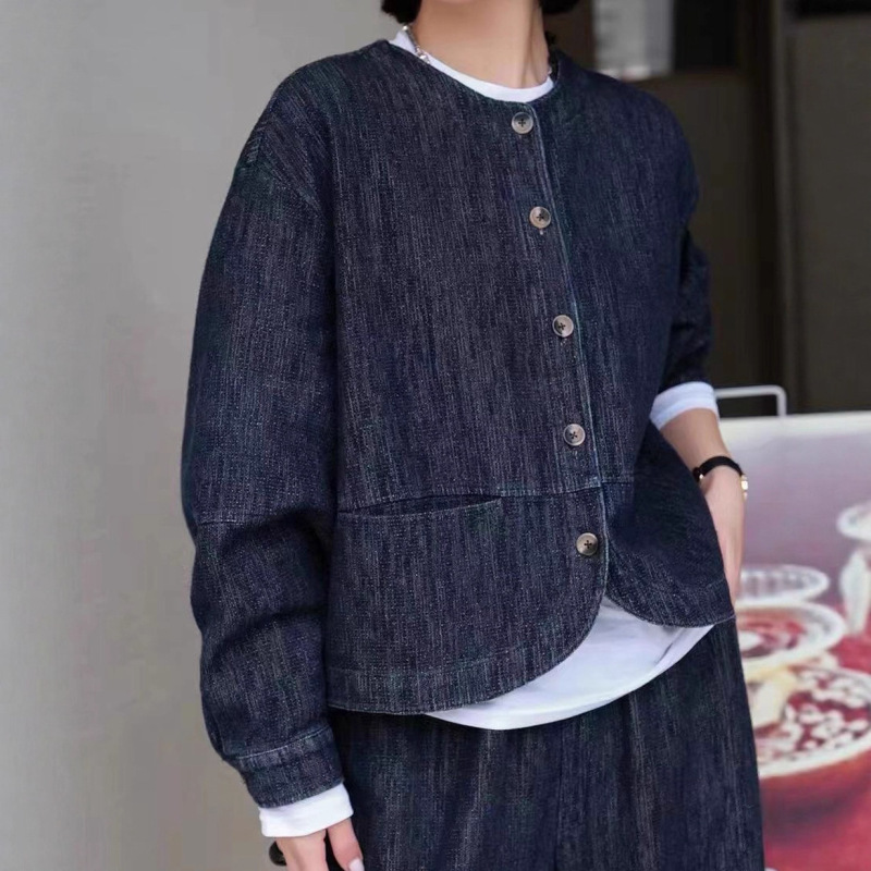 复古双层色织短外套女高棉含量圆领长袖单排扣外搭春款休闲开衫|undefined